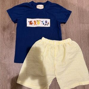 Blue Graphic Tee and Yellow Striped Shorts Set
